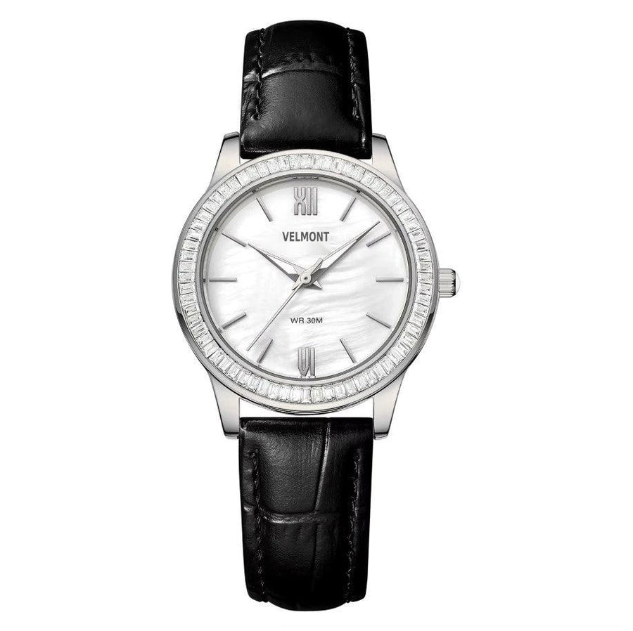 Steel watch with stone-set bezel on black strap