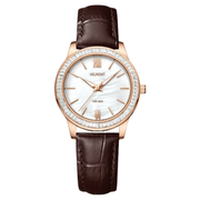 Rose gold-tone watch with stone-set bezel on brown strap