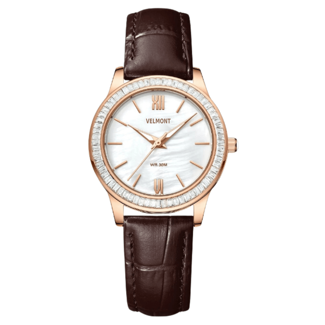 Rose gold-tone watch with stone-set bezel on brown strap
