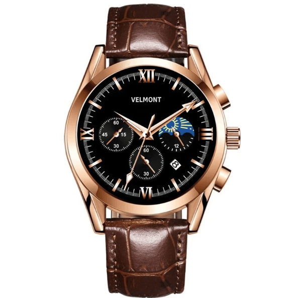 Rose gold-tone watch with brown strap