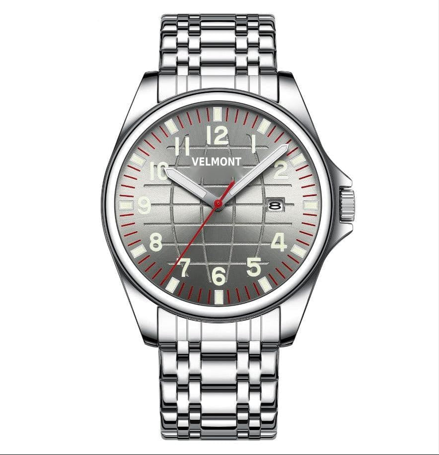 Steel watch with silver grid dial