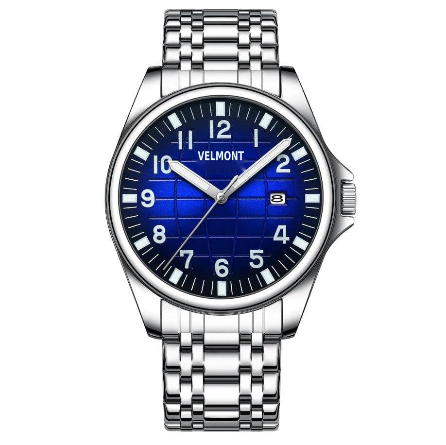 Steel watch with blue grid dial