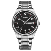 Steel watch with black dial and day-date