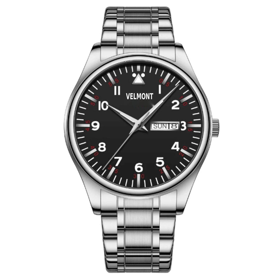 Steel watch with black dial and day-date