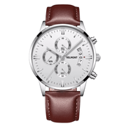White dial chronograph with steel case and brown strap