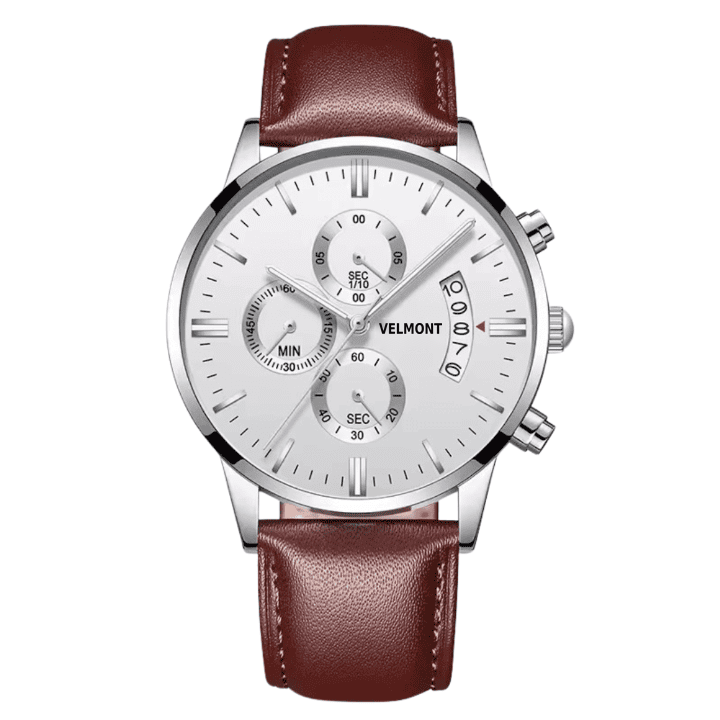 White dial chronograph with steel case and brown strap