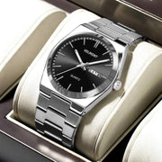 Black dial watch in a presentation box