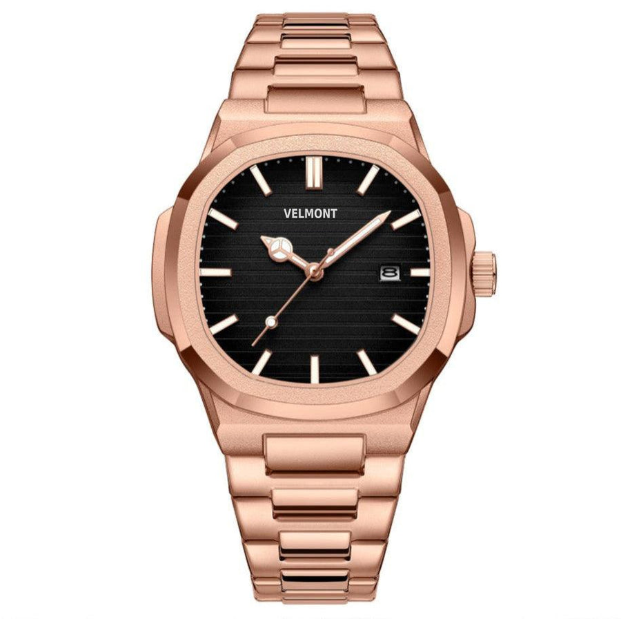 Rose gold-tone octagonal watch with black dial