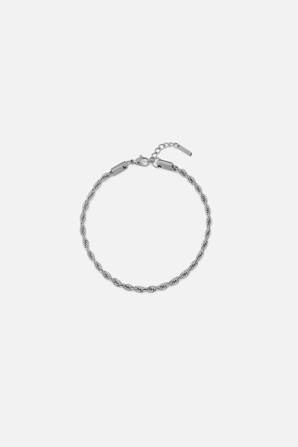 Silver-tone 3 mm rope chain bracelet, front view on a light background
