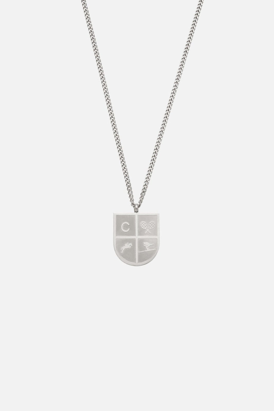 Silver-tone shield pendant necklace, front view on a light background