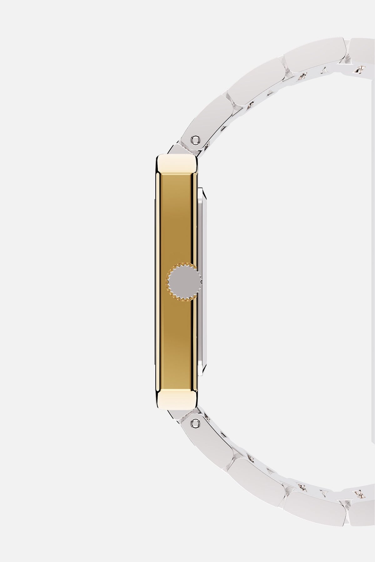 Side profile showing the slim case and fluted crown