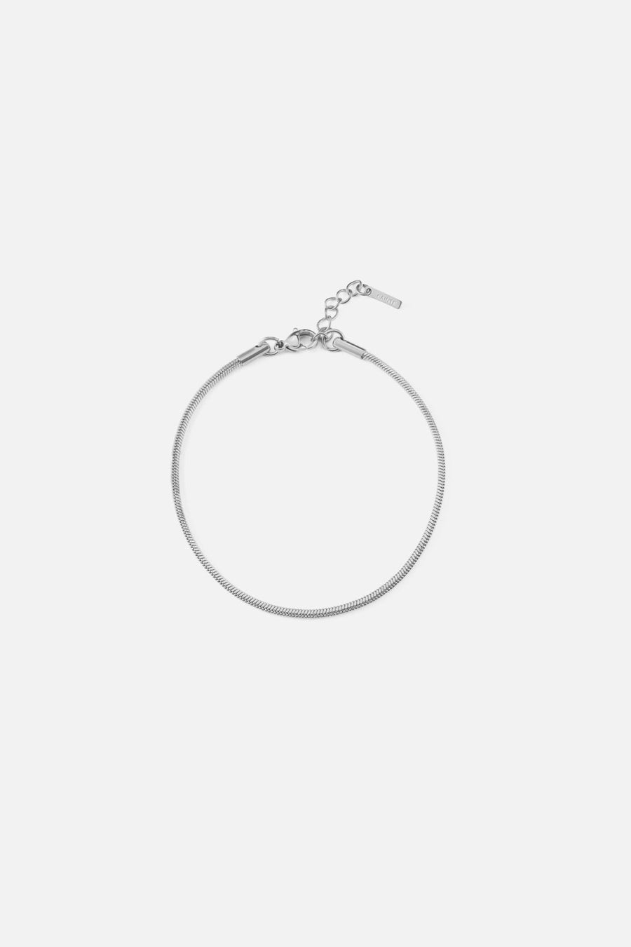 Silver-tone fine square snake chain bracelet, front view on a light background