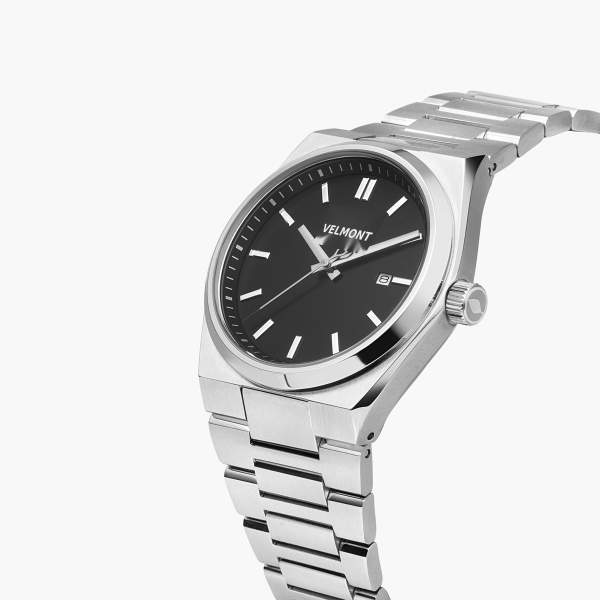 Angled view of the black dial with the date window and crown.