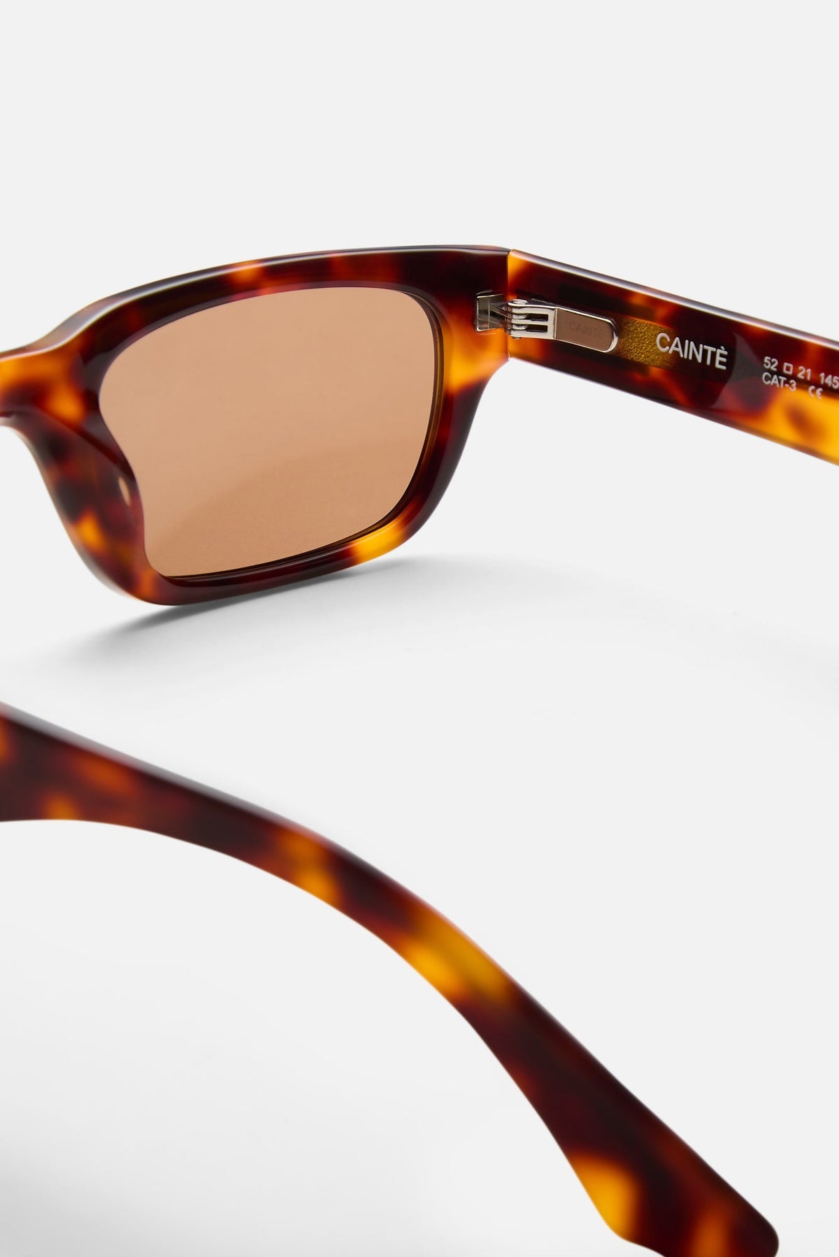 Close-up of the tortoise frame, hinge and brown lens