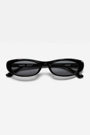 Slim black oval sunglasses, front view