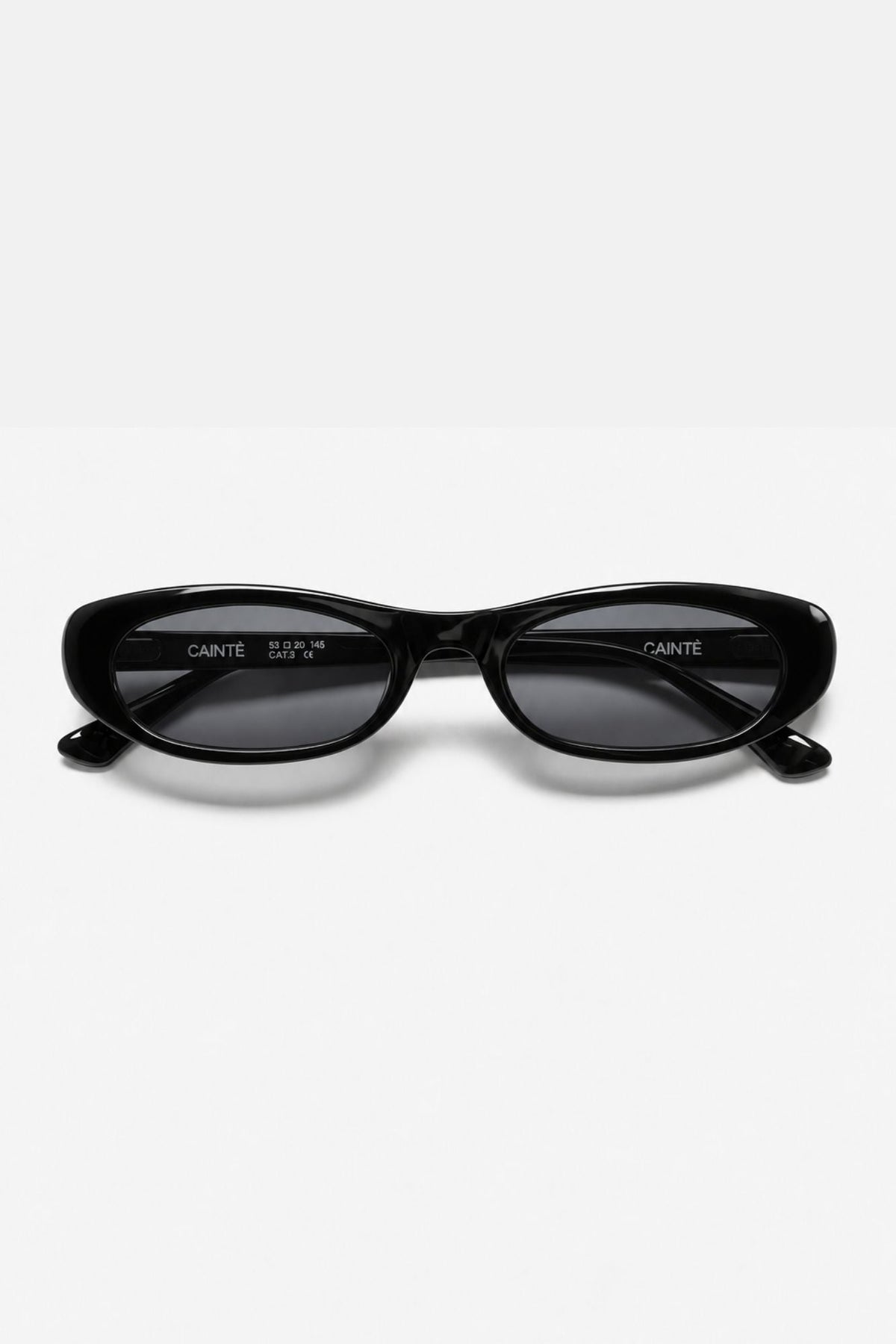 Slim black oval sunglasses, front view