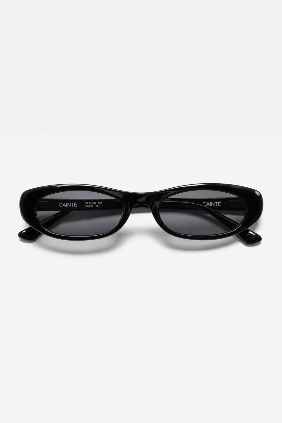 Slim black oval sunglasses, front view