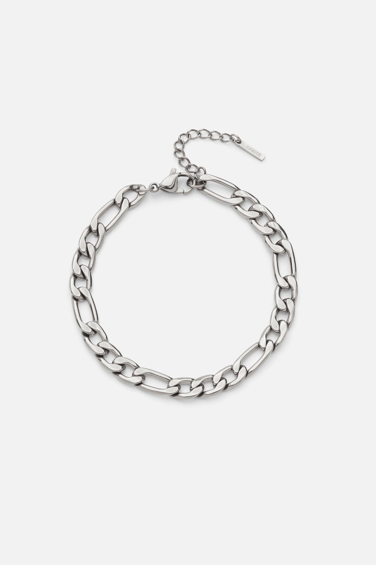 Silver-tone figaro chain bracelet, front view on a light background
