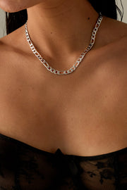 Silver-tone figaro chain necklace, relaxed style, view 6 of 7