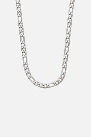 Silver-tone figaro chain necklace, relaxed style, front view on a light background