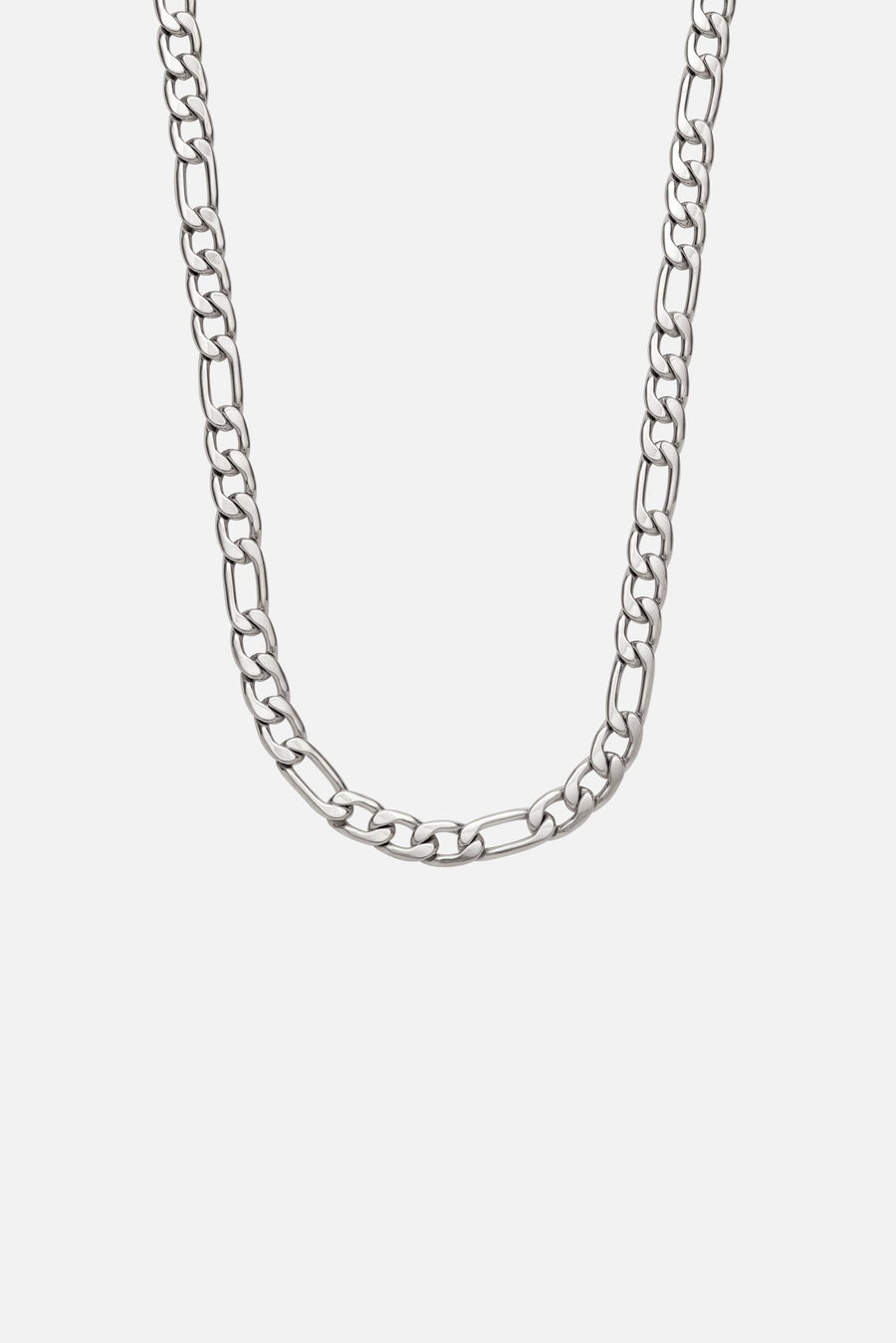 Silver-tone figaro chain necklace, relaxed style, front view on a light background