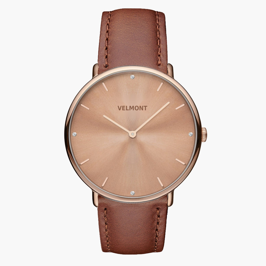 Watch with a rose gold-tone sunburst dial and rose gold-tone case on a brown strap, shown from the front.