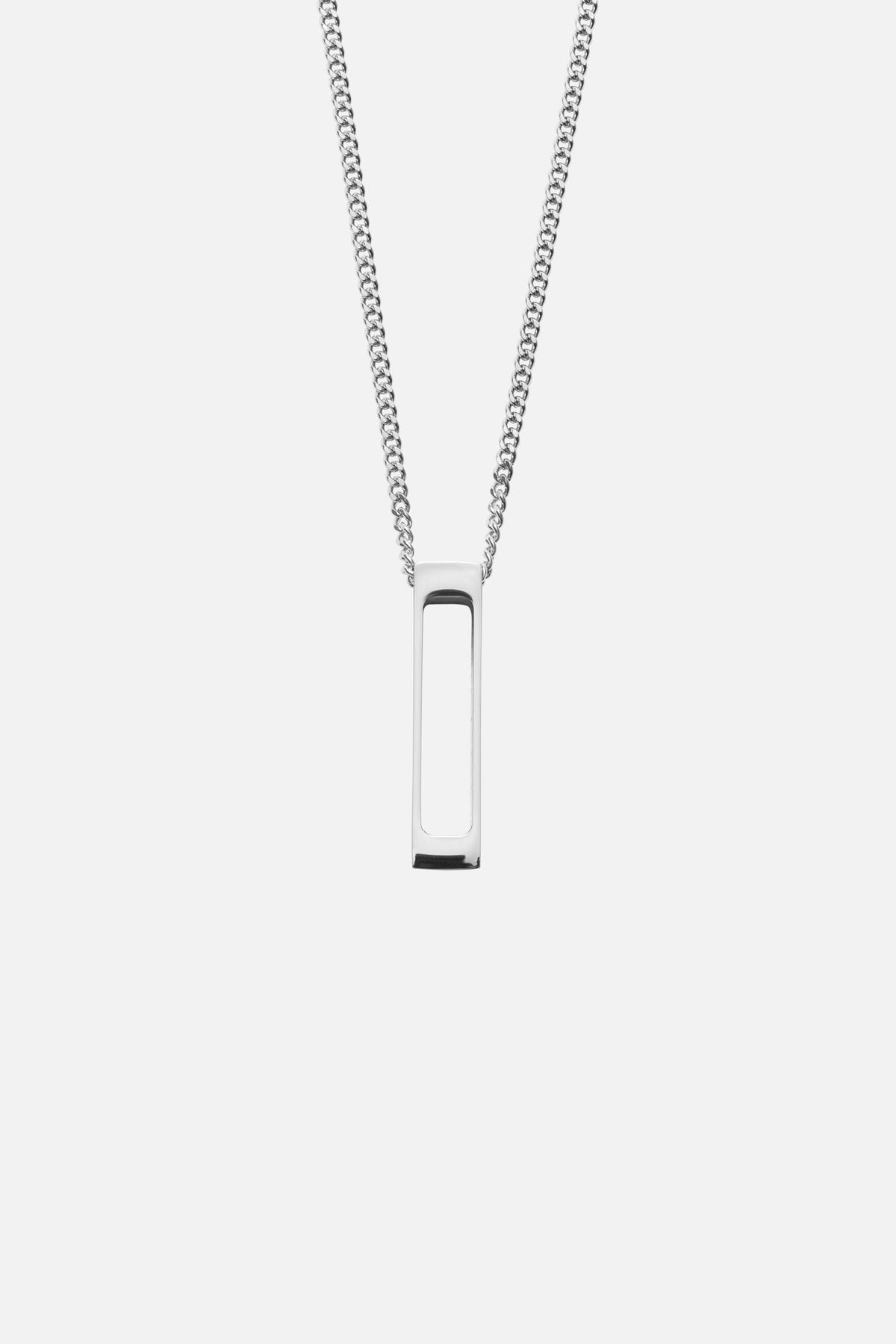 Silver-tone vertical bar pendant necklace, front view on a light background