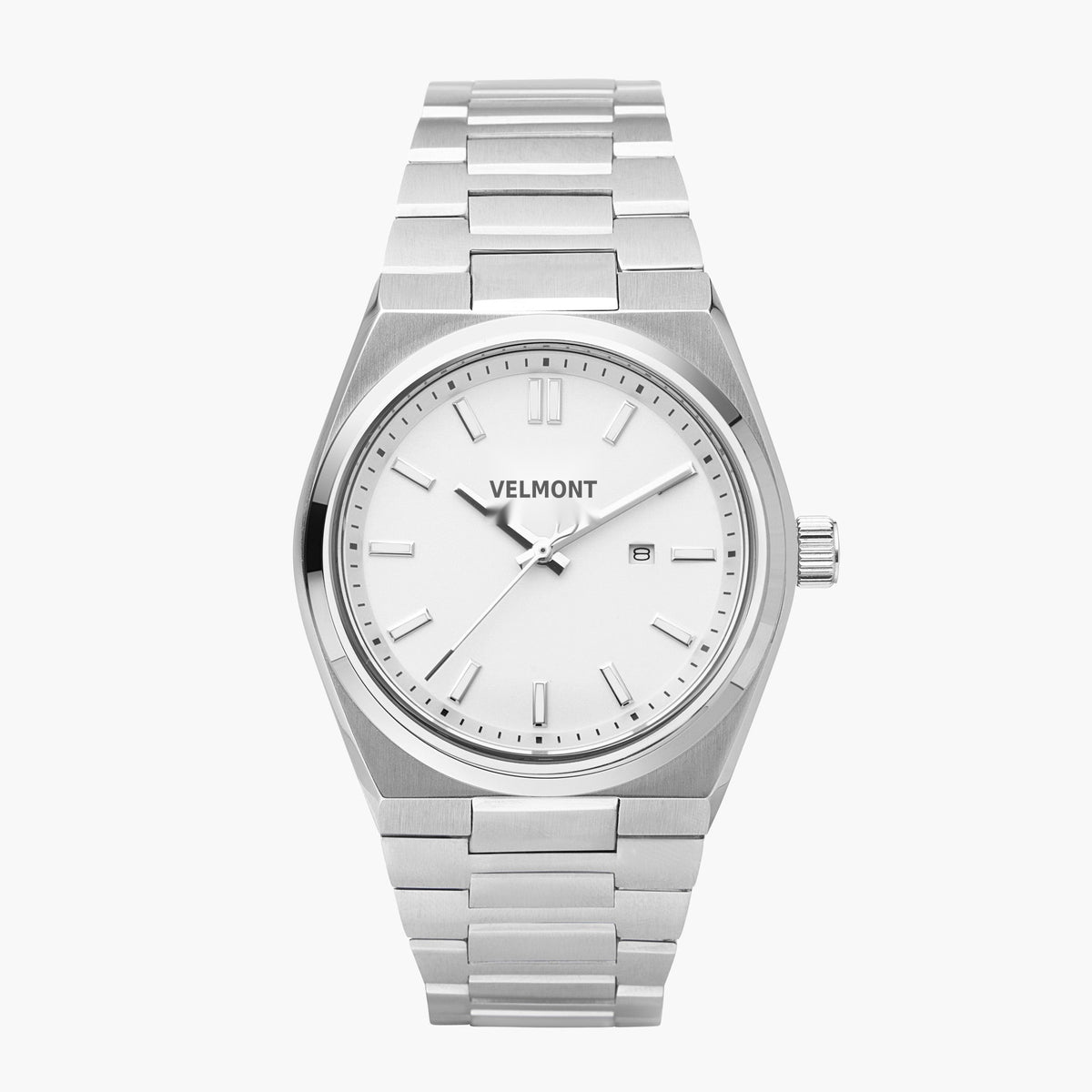 Silver-tone watch with a crisp white dial and integrated link bracelet, front view.