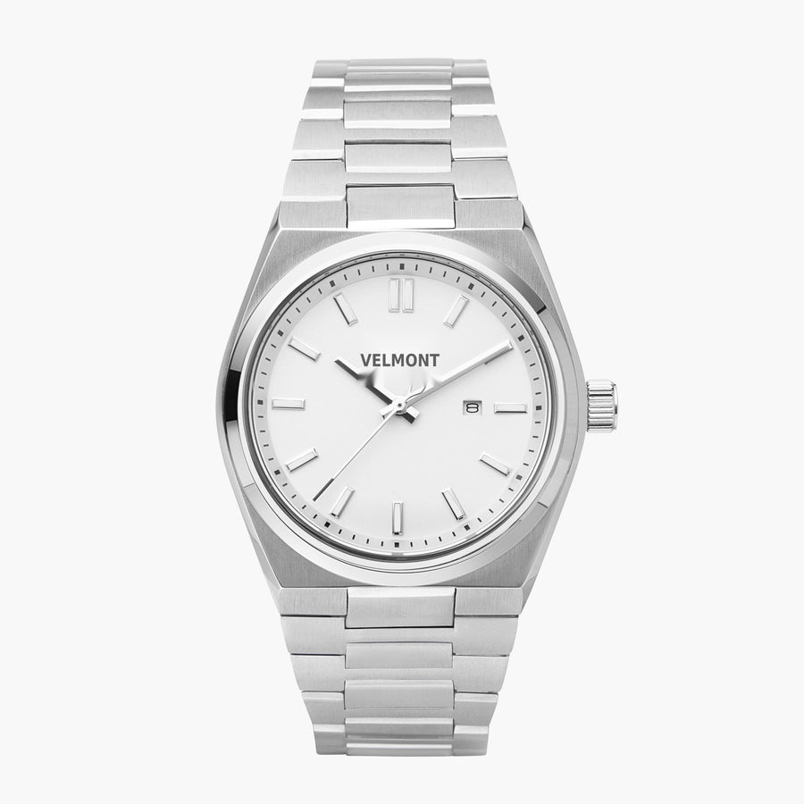 Silver-tone watch with a crisp white dial and integrated link bracelet, front view.