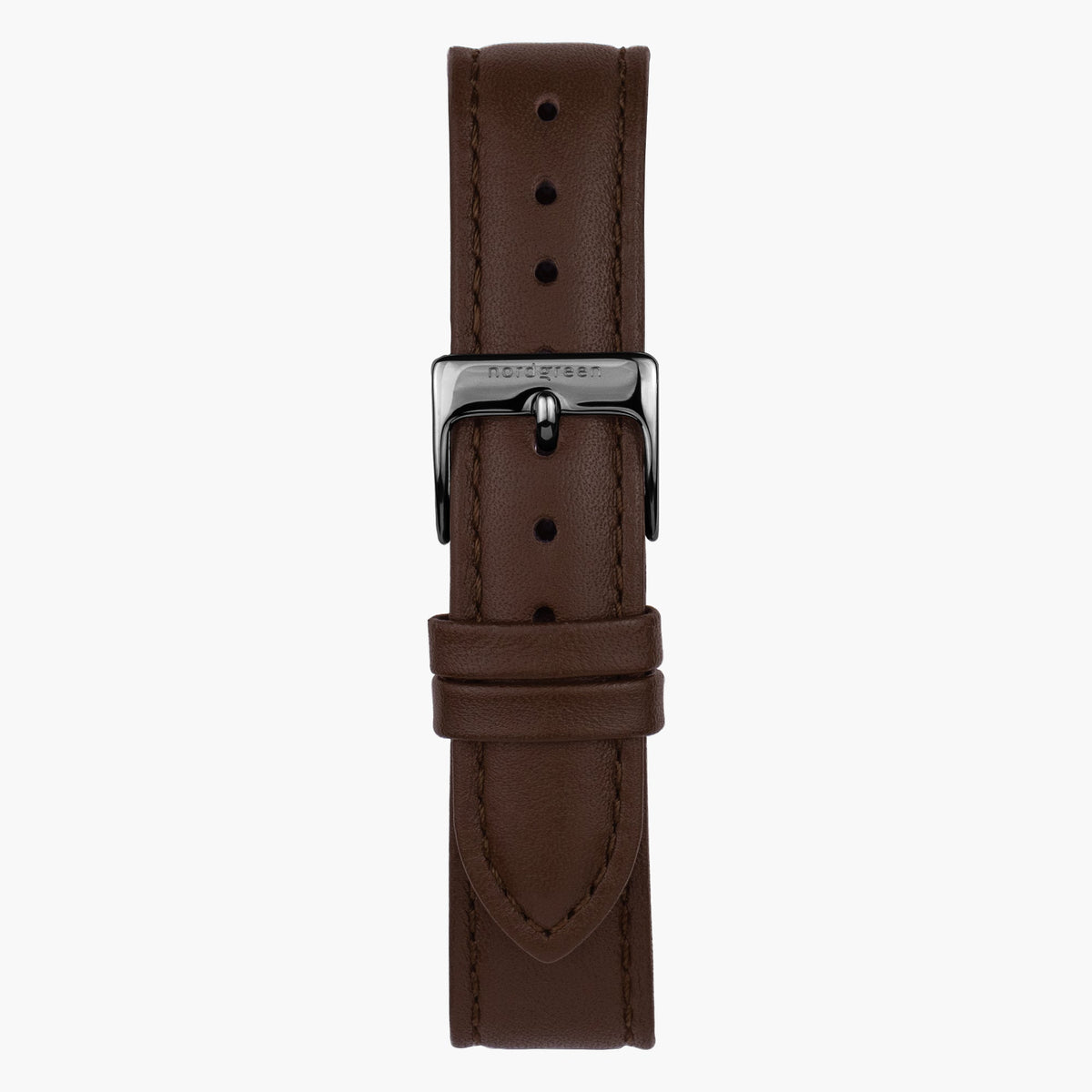 Dark brown strap with tonal stitching and a gunmetal pin buckle.