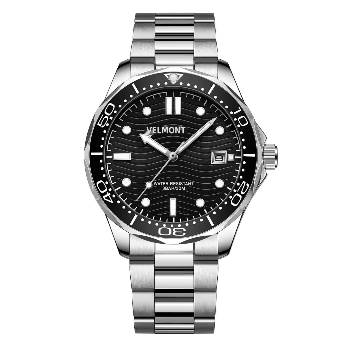 Steel watch with black wave dial