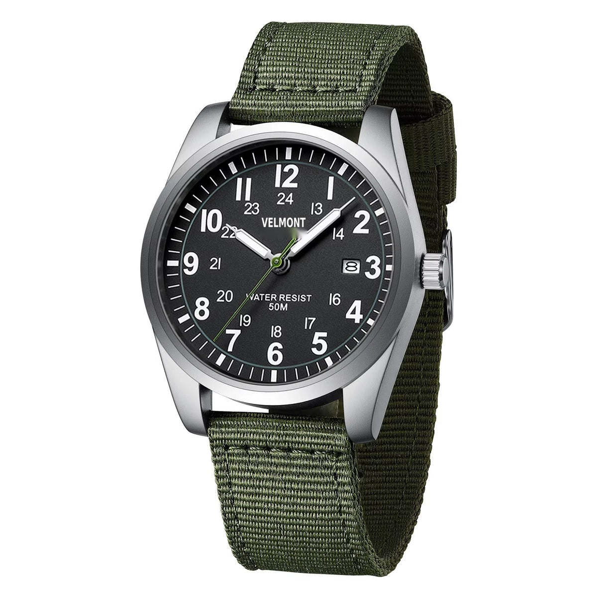 Steel field watch with black dial