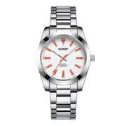 Steel watch with white dial and orange markers