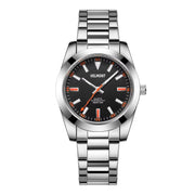 Steel watch with black dial and orange markers