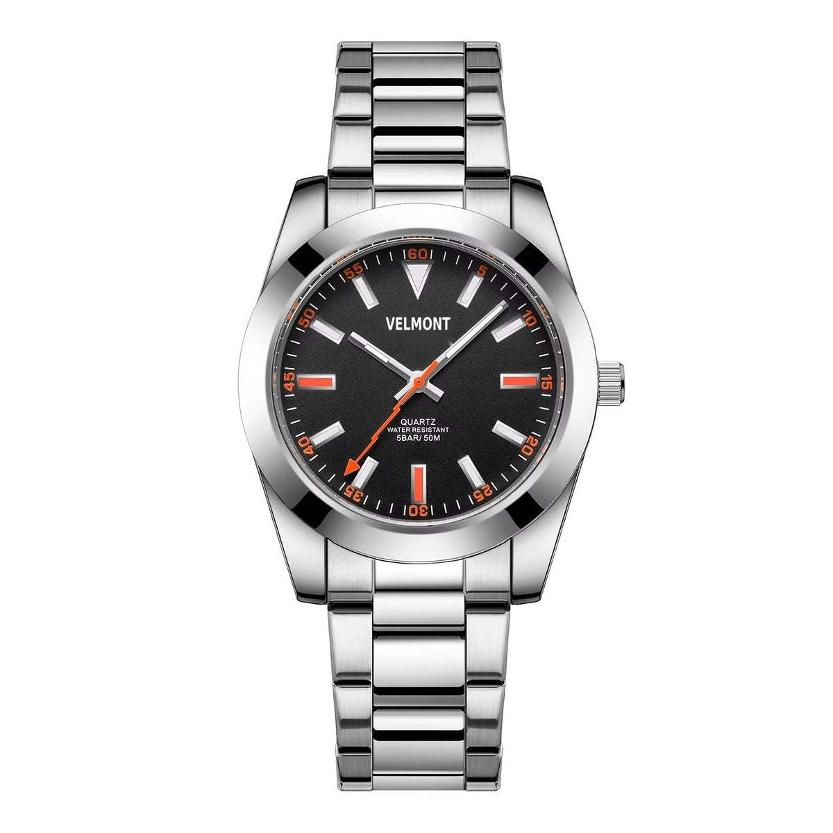 Steel watch with black dial and orange markers