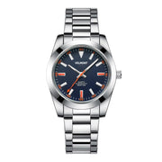 Steel watch with blue dial and orange markers