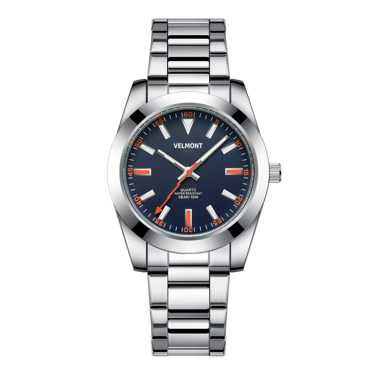 Steel watch with blue dial and orange markers
