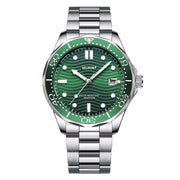 Steel watch with green wave dial and bezel