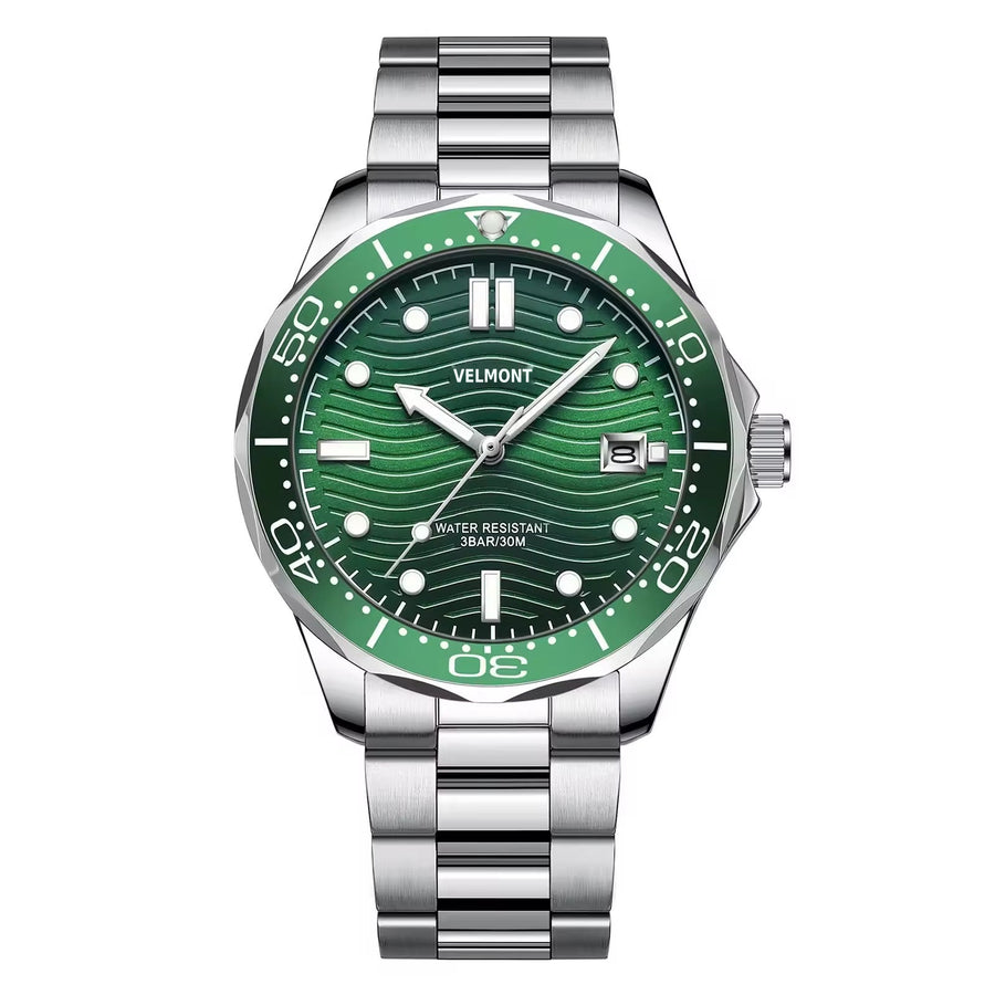 Steel watch with green wave dial and bezel