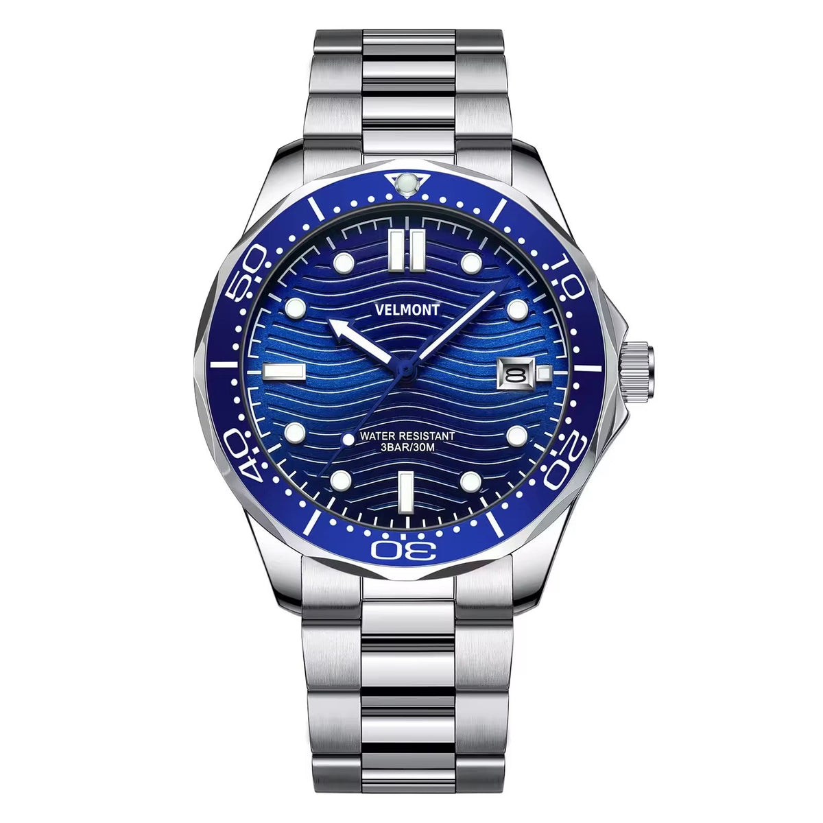 Steel watch with blue wave dial