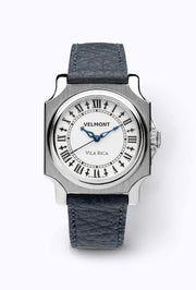 Cushion-case watch with Roman numeral dial on a blue strap