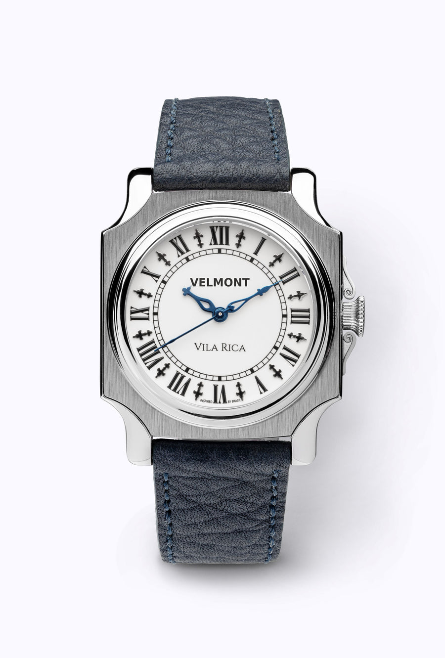 Cushion-case watch with Roman numeral dial on a blue strap