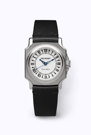 Small cushion-case watch on a black strap