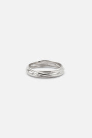 Silver-tone intertwined double band ring, front view on a light background
