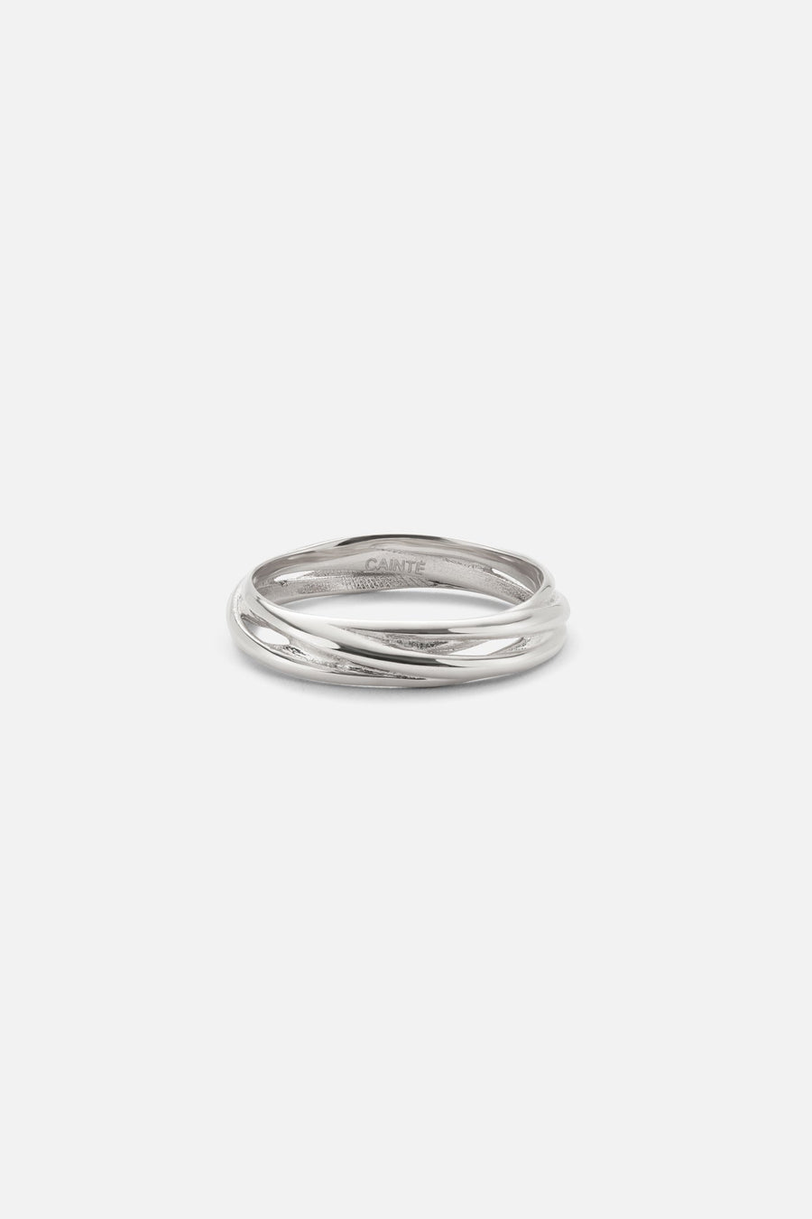 Silver-tone intertwined double band ring, front view on a light background
