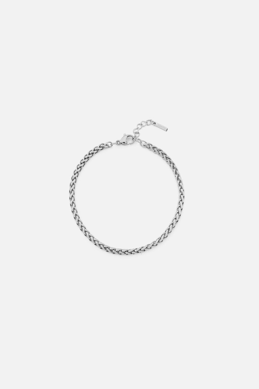Silver-tone 3 mm wheat chain bracelet, front view on a light background