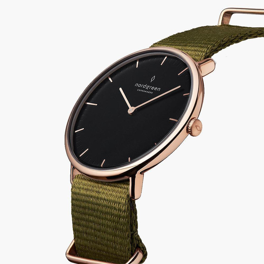 Angled view of the slim rose gold-tone case and black dial.