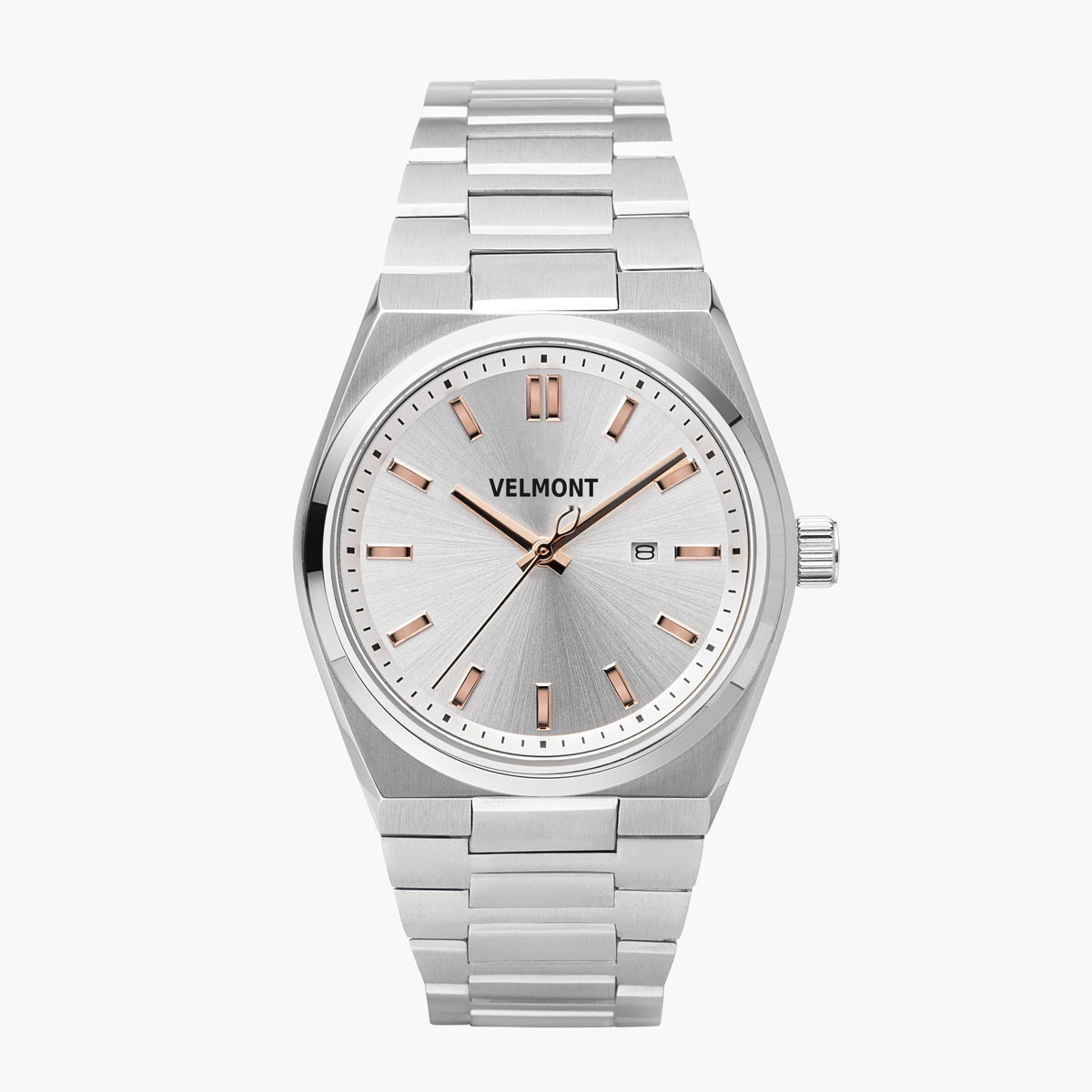Watch with a silver sunburst dial, rose gold-tone indices and an integrated silver-tone bracelet.