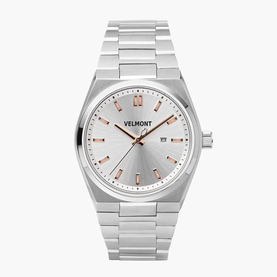 Watch with a silver sunburst dial, rose gold-tone indices and an integrated silver-tone bracelet.