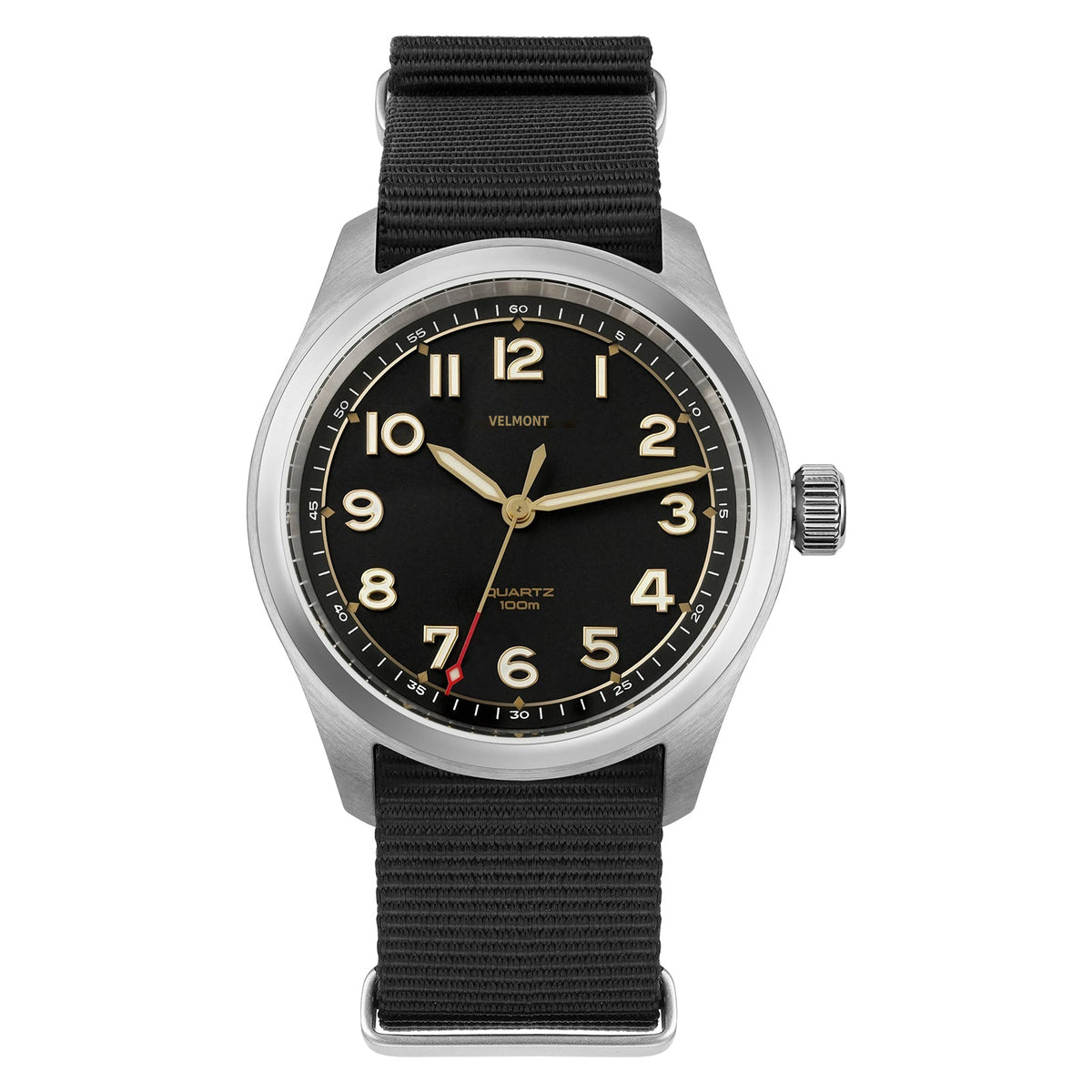 Black-dial field watch on a black nylon strap, front view